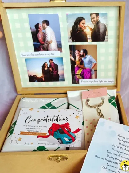 A wife celebrating her husband's new car with a custom hamper. It includes a "Congratulations" card, a personalized letter, and a photo collage of their memories.