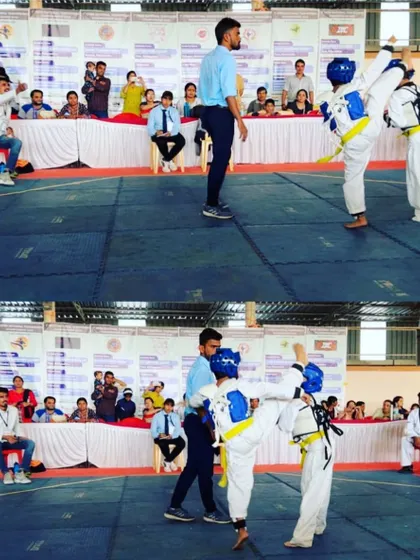 A perfectly timed head kick during a competitive match. These high-scoring techniques are a key part of our training.