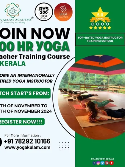 A top-rated yoga school invites you to our 200-hour YTTC in Kerala. This poster highlights our 5-star rating and shows students in Bhujangasana (Cobra Pose) in our colorful shala.