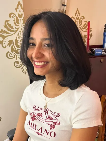 The result: a chic long bob with curtain bangs. A new look for a great cause.