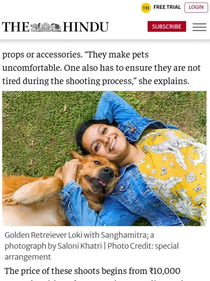 A screenshot from my feature in The Hindu newspaper, where I discuss my philosophy of creating comfortable, natural photoshoots for pets.