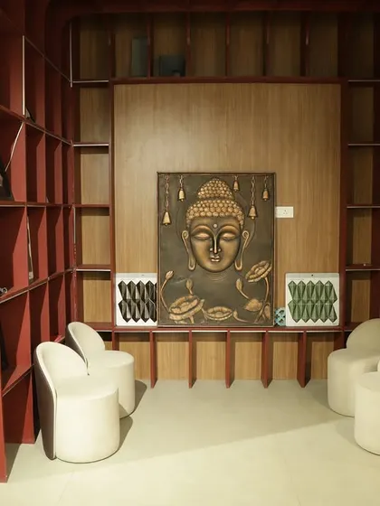 This cozy nook in my showroom, complete with a serene Buddha art tile, is designed to feel like a tranquil corner of a home. It’s a perfect example of how you can create a peaceful pooja space or meditation area with the right tiles.