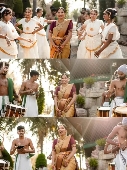 A collage capturing the vibrant energy of a traditional Kerala-style wedding procession, complete with Chenda Melam drummers and dancers.