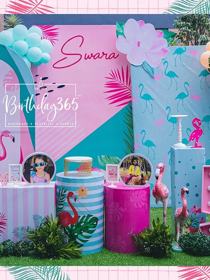 Good vibes only at Swara's 5th birthday! This flamingo-themed party was packed with color, featuring tropical leaf patterns, fun flamingo props, and a bright pink and blue color palette.