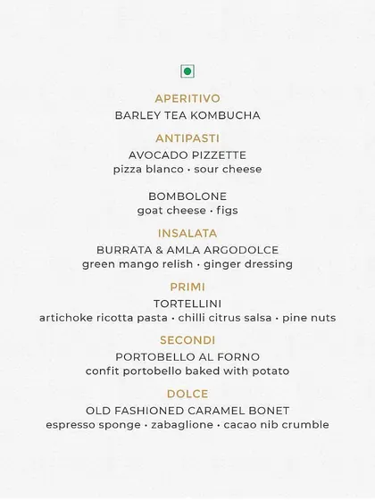 The vegetarian menu for 'An Italian Affair' by Chef Dhruv Oberoi, featuring dishes like Avocado Pizzette, Burrata & Amla, and Artichoke Tortellini.