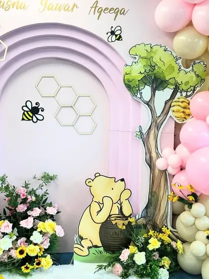We also offer character-themed decor for Aqeeqa ceremonies, like this sweet Winnie the Pooh setup, to create a warm and child-friendly atmosphere.
