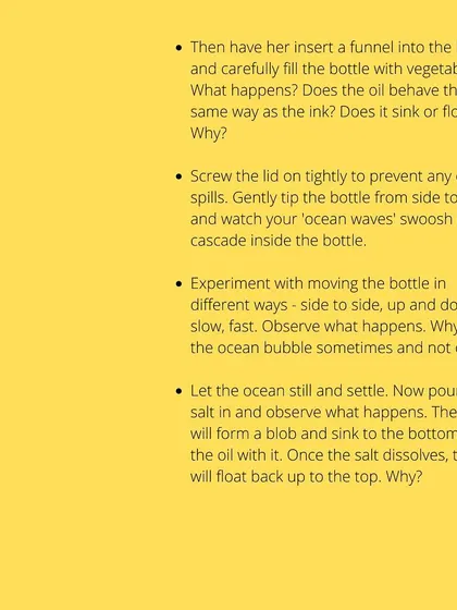 A closer look at our "Ocean in a Bottle" STEAM project. The activity involves precise actions like pouring and funneling, which helps develop fine motor skills while teaching basic scientific concepts in a hands-on way.