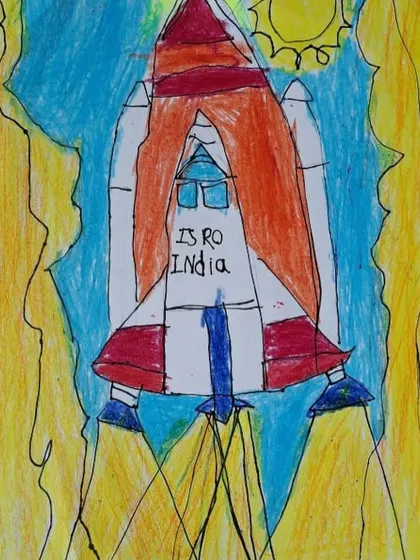 Another powerful drawing of an ISRO rocket. This student's artwork captures the energy and excitement of a launch, combining technical drawing with imaginative use of color.