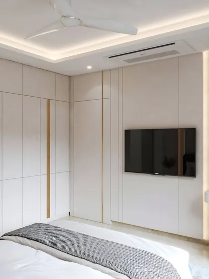 A 3D render of a master bedroom at Oberoi Sky City. The design features an MDF-paneled bed back with crafted grooves and a serene beige and blue color palette with gold accents.