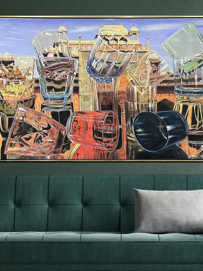 This striking hand-painted piece, 'Architectural Illusion', seamlessly blends the delicate beauty of glassware with the grandeur of classical architecture. It's a unique and thought-provoking work of art.