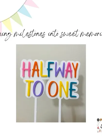 "Halfway to One" is a milestone worth celebrating. This colorful layered acrylic topper is a fun and bright way to mark a baby's six-month birthday.