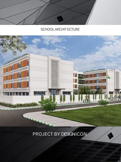 A collage presenting our architectural project for Suraj School in Manesar. The design features a clean, modern exterior with vertical sunbreakers to manage heat gain, creating a comfortable and vibrant learning environment.