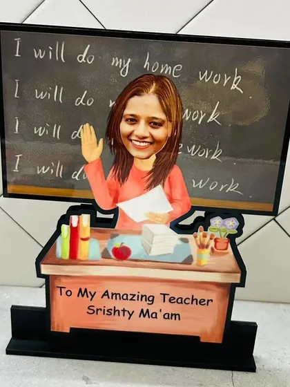 A perfect Teacher's Day gift! This caricature shows the teacher at her desk, with a personalized message on the base.