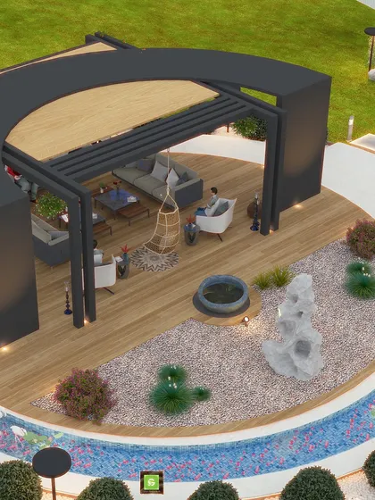 An overhead view of the Palwal project render. This angle clearly shows the layout, including the curved pergola, the wooden deck, the gravel garden with a water feature, and the surrounding mosaic-tiled channel.