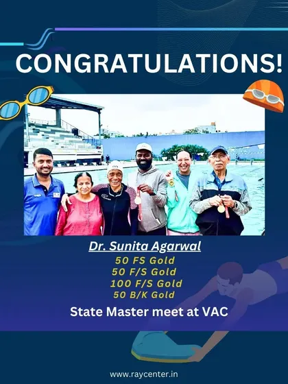 Dr. Sunita Agarwal with her impressive haul from the State Master meet. Four gold medals in freestyle and backstroke events is a phenomenal achievement and an inspiration to the whole team.