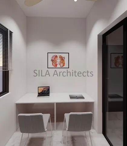 A small study or workspace within the hospital design, providing a quiet area for doctors or staff.