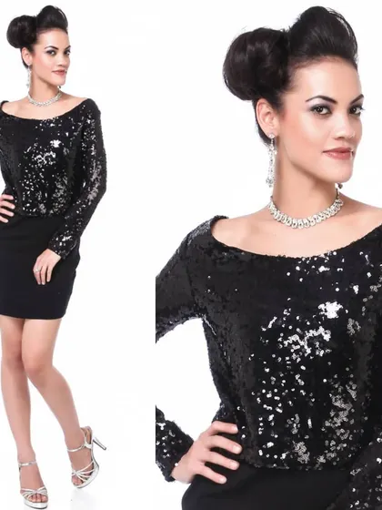This composite image is perfect for party wear catalogues, featuring a model in a black sequin top and skirt. It combines a full-length pose with a detailed close-up to highlight the sparkling fabric and styling.