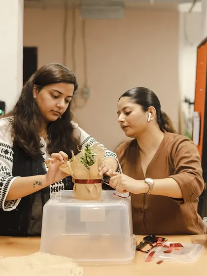 Teamwork makes the dream work. Here, two of our team members collaborate on wrapping the plants for the Raphe hampers, ensuring each one is perfect.
