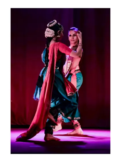 A tender moment of interaction between two dancers in "Tyāgarāja Hṛt Sādana." Our productions are not just about formations but also about the relationships and stories between characters.