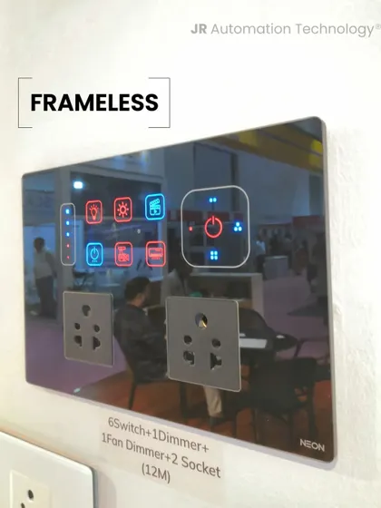 For a truly modern and seamless look, we offer frameless smart panels. This 12M model features a reflective glass surface that integrates beautifully into the wall, combining switches, dimmers, and sockets.