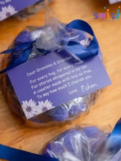 A close-up of a handmade coaster, a heartfelt gift from a child to their grandparents. Crafting these gifts teaches children the joy of giving.