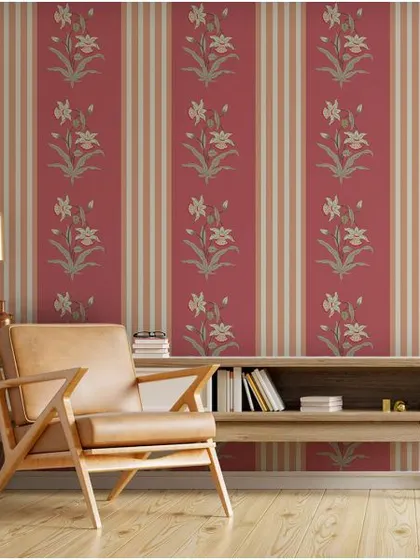 A bold, red wallpaper with a repeating floral motif set between vertical stripes. This is a classic, formal design that makes a strong statement.
