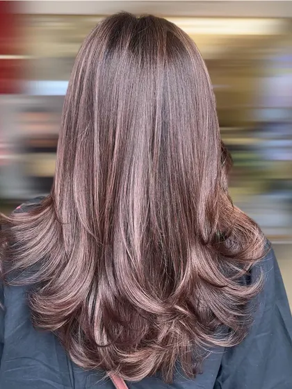 A smokey mocha brown layered look. This photo from the back shows the intricate layering and the cool, smokey dimension of the color.