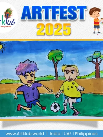 Two players are locked in an intense football match in this dynamic piece by a senior artist. The drawing captures the movement of the players as they chase the ball.