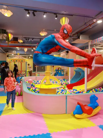 Spider-Man makes a grand entrance over the ball pit. We can arrange for your child's favorite characters to make their party truly epic.