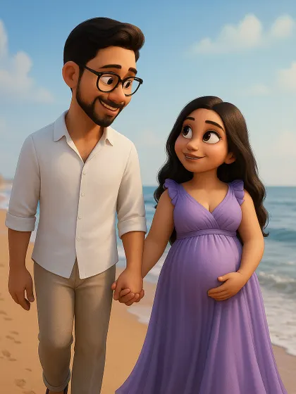 A walking portrait of the couple, reimagined as animated characters on a beautiful beach. A fun and modern way to remember your maternity journey.