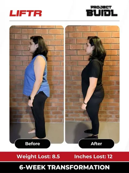 This side view highlights Sparsha's 8.5 kg weight loss, showcasing a noticeable change in her posture and overall physique.
