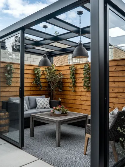This is an example of a modern, enclosed gazebo we built, perfect for enjoying the outdoors in any weather. The structure features a sleek black metal frame, glass walls for an unobstructed view, and stylish pendant lighting for evening use.