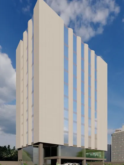 A conceptual design that breaks away from the typical all-glass office building. This climate-responsive facade uses solid vertical elements to create a sense of rhythm and provide necessary shading, offering a sustainable alternative in modern commercial architecture.