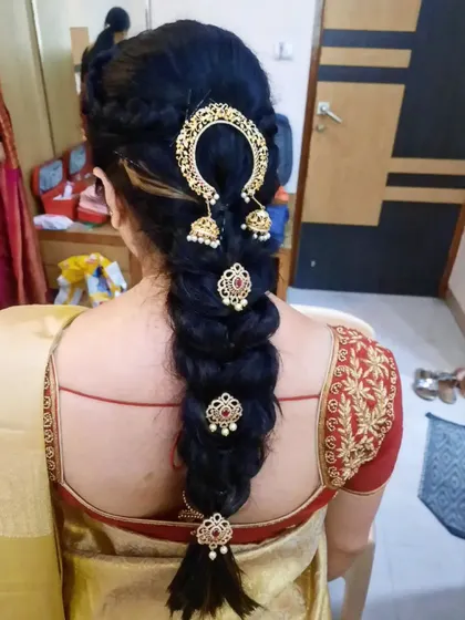 Another angle of the leaf braid, showing the beautiful gold 'jhumki' style hair accessory at the top.