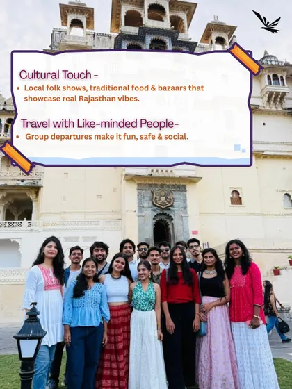 A group of travelers in front of a palace in Udaipur. We add a cultural touch with local folk shows, traditional food, and bazaar visits to give you real Rajasthani vibes.