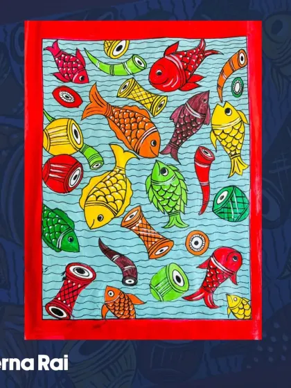 This colorful artwork by Prerna Rai showcases the playful and dynamic nature of Bengal Pathachitra art, with fish and musical instruments filling the scene.