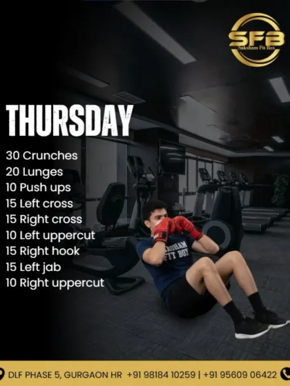Get ready for your Thursday workout. The plan includes crunches, lunges, and a variety of crosses and uppercuts to challenge your endurance and refine your boxing technique.