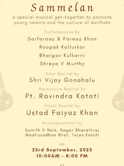 An announcement for 'Sammelan', a special musical get-together we organized to promote young talents and the beautiful culture of baithaks.