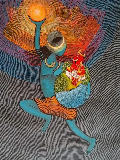 This vibrant painting depicts Lord Shiva with Ganesha, rendered in a unique, modern style with intricate line work. It's a beautiful piece that celebrates Indian spirituality and mythology, perfect for the festive season.