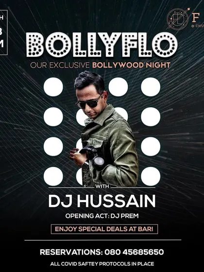 An event poster for Bollyflo, an exclusive Bollywood night. This shows my versatility in handling themed events and different music genres, from commercial pop and hip hop to pure Bollywood tracks.