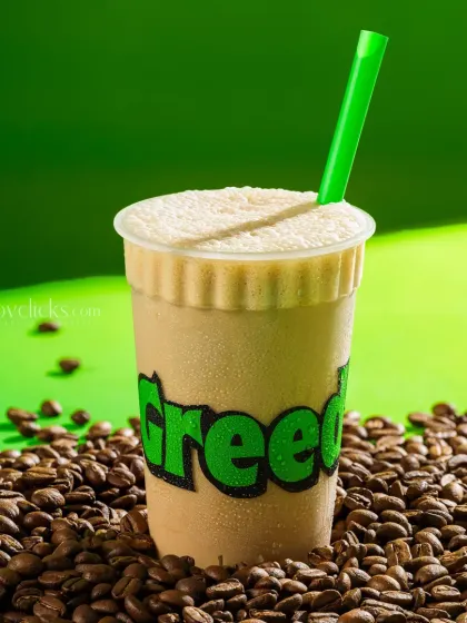 A cold coffee from Greed Coffee, presented in a branded cup surrounded by coffee beans.