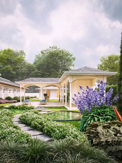 Another view of the Gurugram farmhouse concept, showing the pathway winding through the garden towards a charming gazebo.