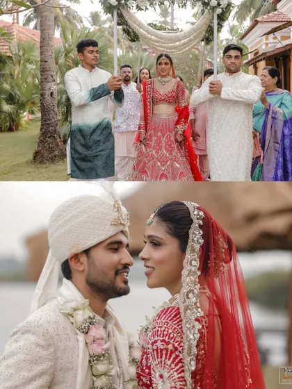 A collage showing the bride's entrance and a close-up of the couple's loving gaze.