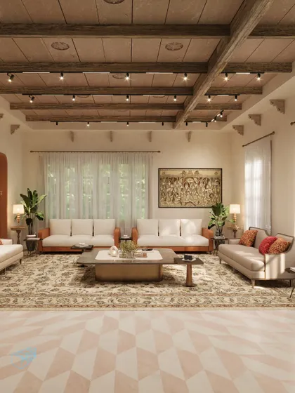 This expansive living room was designed for community and conversation. Multiple seating arrangements, a large traditional rug, and warm, layered lighting create a welcoming atmosphere that reflects my philosophy of designing for people, not just for aesthetics.