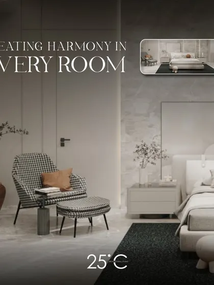 This graphic emphasizes our goal of "Creating Harmony in Every Room." The design shows a minimalist bedroom with a houndstooth-patterned armchair, demonstrating our attention to creating balanced and stylish compositions.