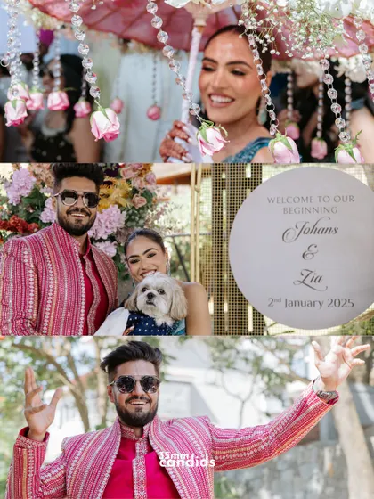 A collage of vibrant moments from a Haldi and Mehendi event, showing the groom's energetic entry, the happy couple with their dog, and the beautiful decor.