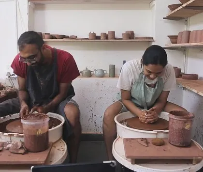 A typical day for us at the studio, both working side-by-side on our respective pottery wheels. This is our dream, and we're so happy to share it.