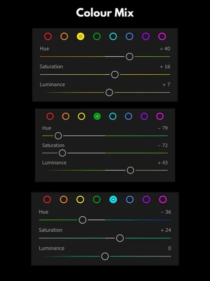 This is a peek into my Lightroom editing workflow. I'll walk you through tools like the Color Mix panel to show you how to precisely control the hue, saturation, and luminance of every color in your image to create a specific look.