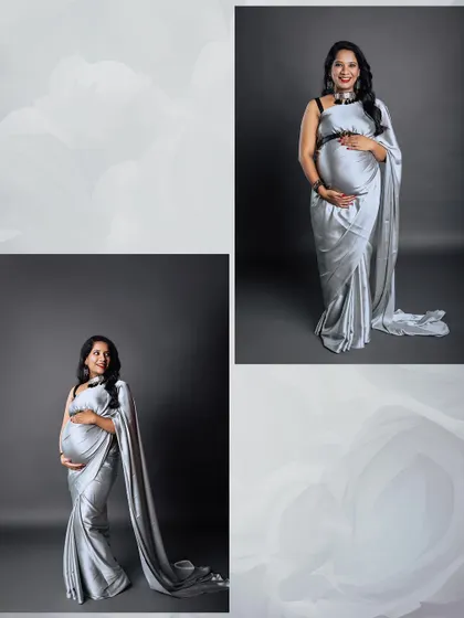A collage of solo maternity portraits in a modern silver saree. The different poses showcase the elegance of the outfit and the beauty of the mother-to-be from various angles.