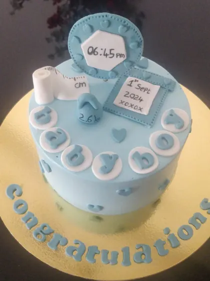 A "Welcome Home Baby" cake that celebrates all the details of a newborn's arrival. It includes the baby's birth date, time, and weight in a cute, personalized design.